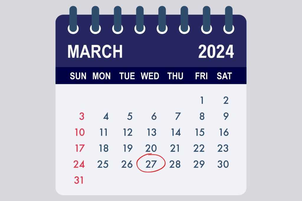 image of calendar with march 27 highlighted