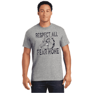 Image of man wearing gray berwick bulldogs t-shirt